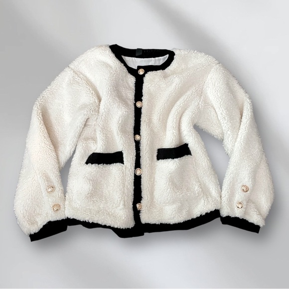 Contrast Trim Dual Pocket Drop Shoulder Teddy Jacket - Picture 5 of 8